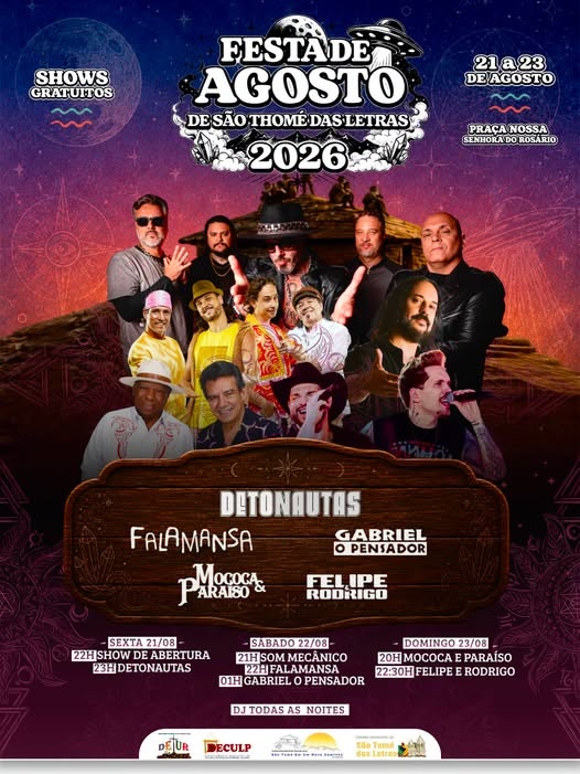 Procurando um motivo para pegar a estrada em agosto? São Thomé das Letras acaba de dar cinco: Detonautas, Falamansa, Gabriel O Pensador, Mococa & Paraíso e Felipe & Rodrigo